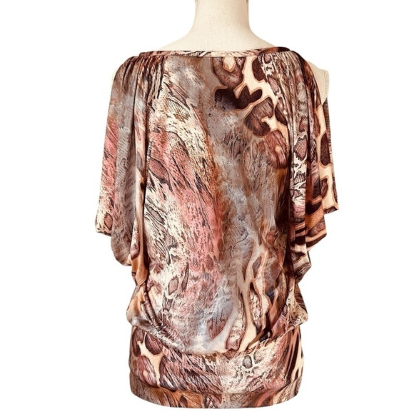 LINDA SEGAL WOMENS GORGEOUS ABSTRACT SHORT DRAPED SLEEVES TOP SIZE MEDIUM - Picture 3 of 12